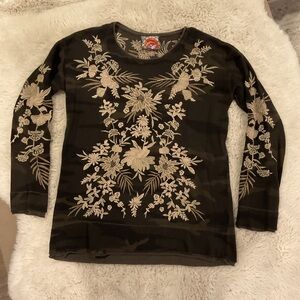 Johnny Was Olive and Cream Embroidered Sweater